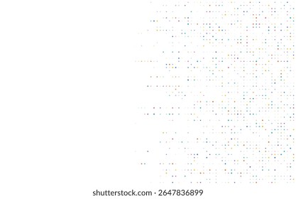 Padrão de pontos multicoloridos organizado em um estilo de matriz digital em um fundo branco. Representa visualização de dados, ruído digital ou textura de tecnologia abstrata.