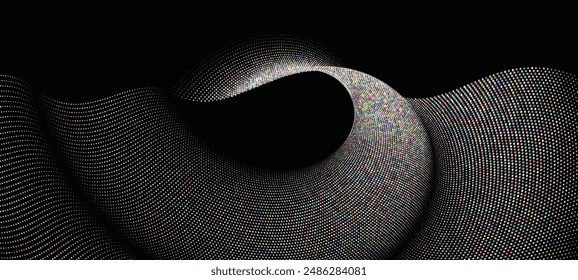 Multicolored dots arranged in a curved circular shape form a fluid dot curve against a dark background, ideal for technology, sound, and perfect for graphic and digital design.