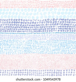 Multicolored dots on a white background. Seamless striped pattern. Vintage color print. Blue, gray, pink and white colors. Grunge texture. Vector illustration.