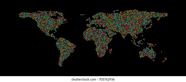 Multicolored dots world map. Abstract pixel World Map with square shapes for infographic.Travel Vector Illustration.