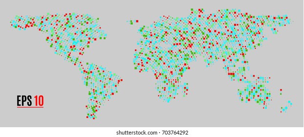 Multicolored dots world map. Abstract pixel World Map with square shapes for infographic.Travel Vector Illustration.