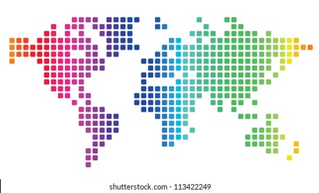 Multicolored dotted world map made of rounded rectangles. Vector illustration.