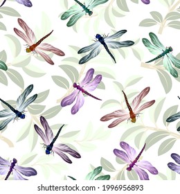 Multi-colored dragonflies on a background of leaves.Vector pattern of dragonflies and leaves on a white background.