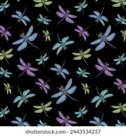 Multi-colored dragonflies in a pattern.Vector seamless pattern with colorful dragonflies on a black background.