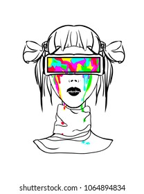 Multi-colored drawing of a beautiful vector girl in vr (virtual reality) glasses. Cyberspace, the technology of the future, the game world  - advertising poster, sticker, promotion