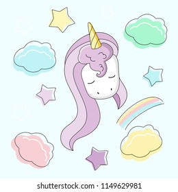 Multi-colored drawing of the unicorn in the style of doodle