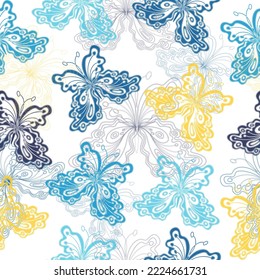 Multicolored drawn butterflies on a transparent background.  Trendy animal motif wallpaper. 