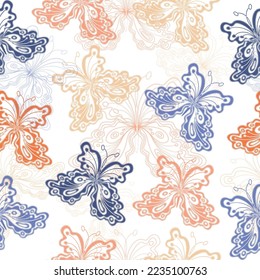 Multicolored drawn butterflies on a transparent background.  Design for use covers, fabric, textile, background and others.