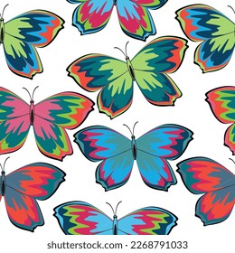 Multicolored drawn butterflies on a transparent background.  Vector illustration.