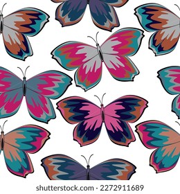 Multicolored drawn butterflies on a transparent background.  Vector illustration.