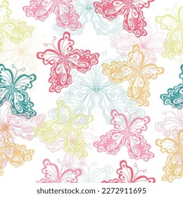 Multicolored drawn butterflies on a transparent background.  Beautiful floral pattern pastel colors. 