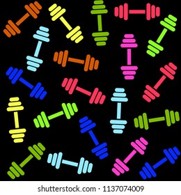 Multicolored dumbbells on a black background, seamless pattern, sport and fitness, vector
