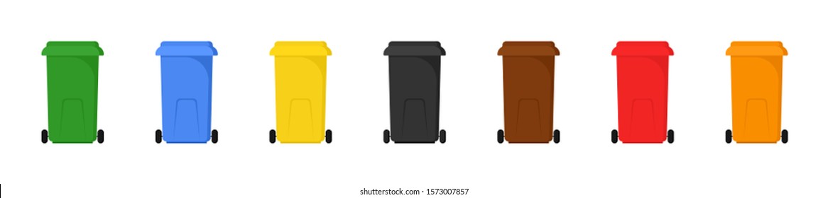 Multicolored Dumpsters on wheels for Separate Waste Sorting, vector illustration on transparent background.