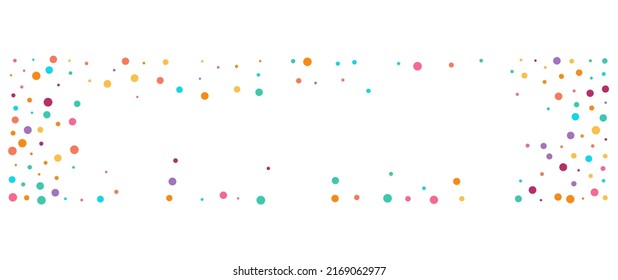 Multicolored Dust Carnaval Vector Panoramic White Background. Celebrate Circle Card. Transparent Dot Pattern. Rainbow Confetti Effect Backdrop.