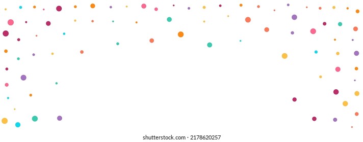 Multicolored Dust Independence Vector Panoramic White Background. Carnaval Confetti Texture. Flying Dot Design. Bright Circle Effect Background.