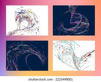 Multi-colored dust particles and debris, paint splashes, strokes are carried by the wind. Murmuration. Set of 4 design templates for the design of banners, posters. EPS 10