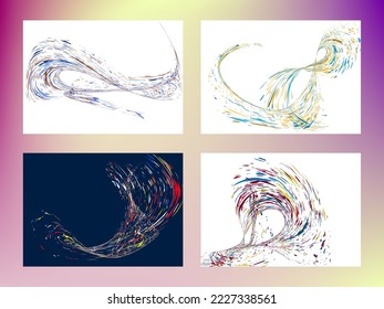 Multi-colored dust particles and debris, paint splashes, strokes are carried by the wind. Murmuration. Set of 4 design templates for the design of banners, posters. EPS 10