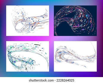 Multi-colored dust particles and debris, paint splashes, strokes are carried by the wind. Murmuration. Set of 4 design templates for the design of banners, posters. EPS 10