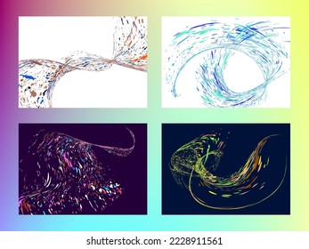 Multi-colored dust particles and debris, paint splashes, strokes are carried by the wind. Murmuration. Set of 4 design templates for the design of banners, posters. EPS 10