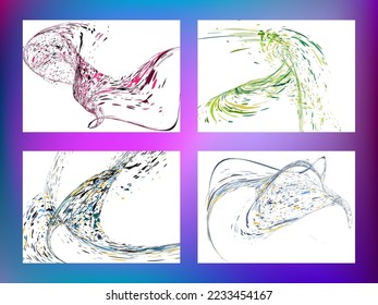 Multi-colored dust particles and debris, paint splashes, strokes are carried by the wind. Murmuration. Set of 4 design templates for the design of banners, posters. EPS 10