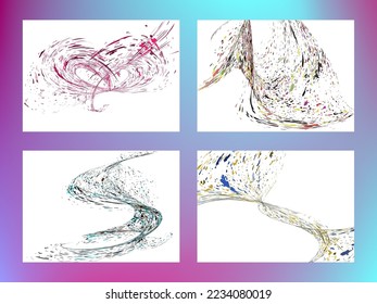 Multi-colored dust particles and debris, paint splashes, strokes are carried by the wind. Murmuration. Set of 4 design templates for the design of banners, posters. EPS 10