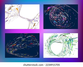 Multi-colored dust particles and debris, paint splashes, strokes are carried by the wind. Murmuration. Set of 4 design templates for the design of banners, posters. EPS 10