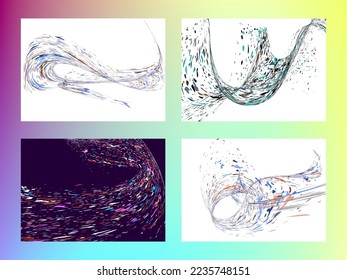 Multi-colored dust particles and debris, paint splashes, strokes are carried by the wind. Murmuration. Set of 4 design templates for the design of banners, posters. EPS 10