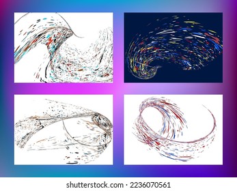 Multi-colored dust particles and debris, paint splashes, strokes are carried by the wind. Murmuration. Set of 4 design templates for the design of banners, posters. EPS 10