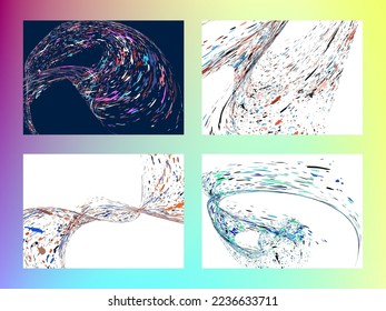 Multi-colored dust particles and debris, paint splashes, strokes are carried by the wind. Murmuration. Set of 4 design templates for the design of banners, posters. EPS 10