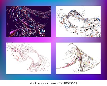 Multi-colored dust particles and debris, paint splashes, strokes are carried by the wind. Murmuration. Set of 4 design templates for the design of banners, posters. EPS 10