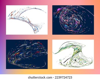 Multi-colored dust particles and debris, paint splashes, strokes are carried by the wind. Murmuration. Set of 4 design templates for the design of banners, posters. EPS 10