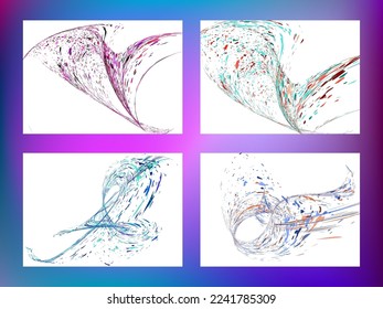 Multi-colored dust particles and debris, paint splashes, strokes are carried by the wind. Murmuration. Set of 4 design templates for the design of banners, posters. EPS 10