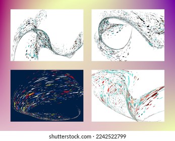 Multi-colored dust particles and debris, paint splashes, strokes are carried by the wind. Murmuration. Set of 4 design templates for the design of banners, posters. EPS 10