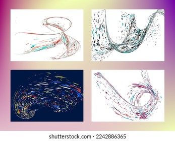 Multi-colored dust particles and debris, paint splashes, strokes are carried by the wind. Murmuration. Set of 4 design templates for the design of banners, posters. EPS 10