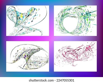 Multi-colored dust particles and debris, paint splashes, strokes are carried by the wind. Murmuration. Set of 4 design templates for the design of banners, posters. EPS 10