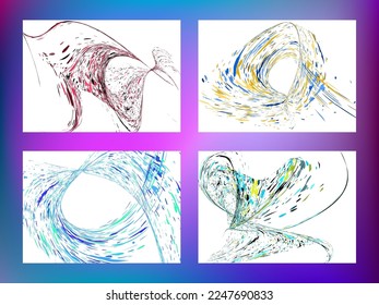 Multi-colored dust particles and debris, paint splashes, strokes are carried by the wind. Murmuration. Set of 4 design templates for the design of banners, posters. EPS 10