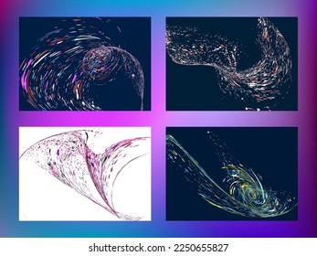 Multi-colored dust particles and debris, paint splashes, strokes are carried by the wind. Murmuration. Set of 4 design templates for the design of banners, posters. EPS 10