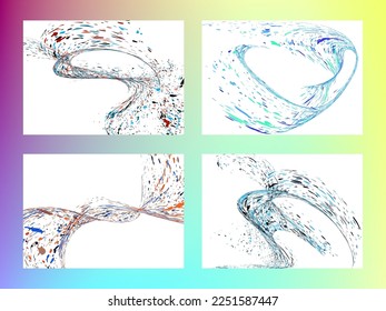 Multi-colored dust particles and debris, paint splashes, strokes are carried by the wind. Murmuration. Set of 4 design templates for the design of banners, posters. EPS 10