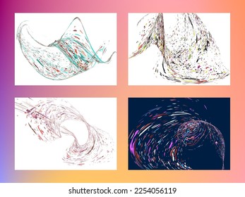 Multi-colored dust particles and debris, paint splashes, strokes are carried by the wind. Murmuration. Set of 4 design templates for the design of banners, posters. EPS 10