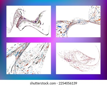 Multi-colored dust particles and debris, paint splashes, strokes are carried by the wind. Murmuration. Set of 4 design templates for the design of banners, posters. EPS 10