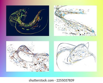 Multi-colored dust particles and debris, paint splashes, strokes are carried by the wind. Murmuration. Set of 4 design templates for the design of banners, posters. EPS 10