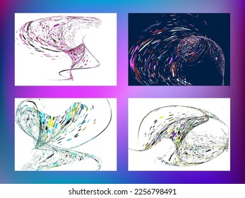 Multi-colored dust particles and debris, paint splashes, strokes are carried by the wind. Murmuration. Set of 4 design templates for the design of banners, posters. EPS 10