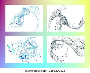 Multi-colored dust particles and debris, paint splashes, strokes are carried by the wind. Murmuration. Set of 4 design templates for the design of banners, posters. EPS 10