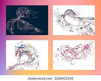 Multi-colored dust particles and debris, paint splashes, strokes are carried by the wind. Murmuration. Set of 4 design templates for the design of banners, posters. EPS 10