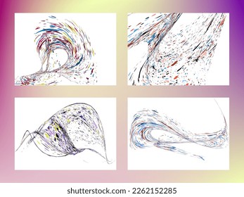 Multi-colored dust particles and debris, paint splashes, strokes are carried by the wind. Murmuration. Set of 4 design templates for the design of banners, posters. EPS 10