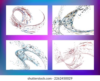 Multi-colored dust particles and debris, paint splashes, strokes are carried by the wind. Murmuration. Set of 4 design templates for the design of banners, posters. EPS 10