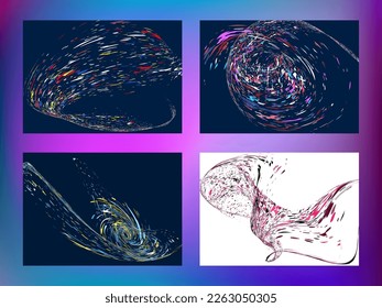 Multi-colored dust particles and debris, paint splashes, strokes are carried by the wind. Murmuration. Set of 4 design templates for the design of banners, posters. EPS 10