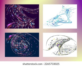 Multi-colored dust particles and debris, paint splashes, strokes are carried by the wind. Murmuration. Set of 4 design templates for the design of banners, posters. EPS 10