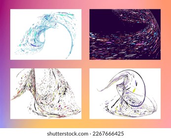 Multi-colored dust particles and debris, paint splashes, strokes are carried by the wind. Murmuration. Set of 4 design templates for the design of banners, posters. EPS 10