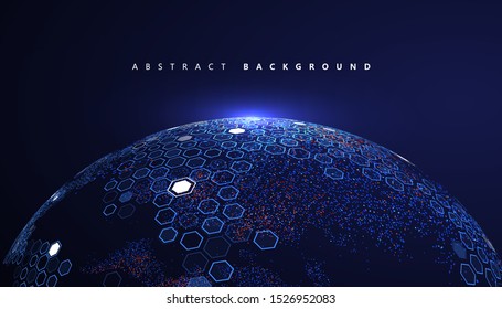 Multicolored Earth Composed Of Colorful Particles And Hexagon, Vector Illustration.